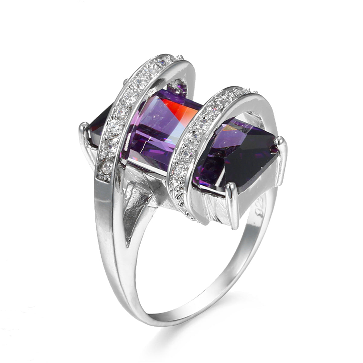 Purple Crystal and Cubic Zirconia Pavé Wrap Emerald-Cut Ring, statement rings for women, vintage-inspired design, side view
