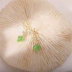 Green Cat's Eye & Cubic Zirconia Bow Leaves Huggie Earrings