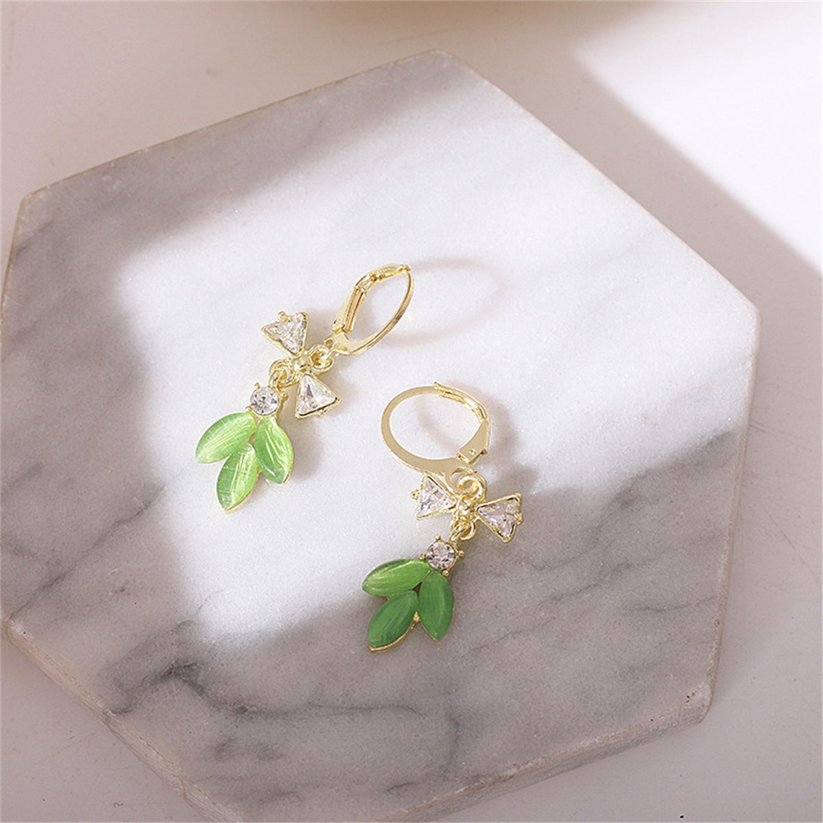 Green Cat's Eye and Cubic Zirconia Bow Leaves Huggie Earrings, huggie earrings, botanical inspired, styled look