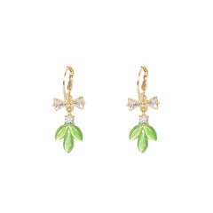 Green Cat's Eye & Cubic Zirconia Bow Leaves Huggie Earrings