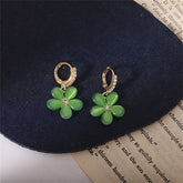 Green Cat's Eye & Cubic Zirconia Flower Huggie Earrings