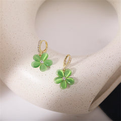 Green Cat's Eye & Cubic Zirconia Flower Huggie Earrings