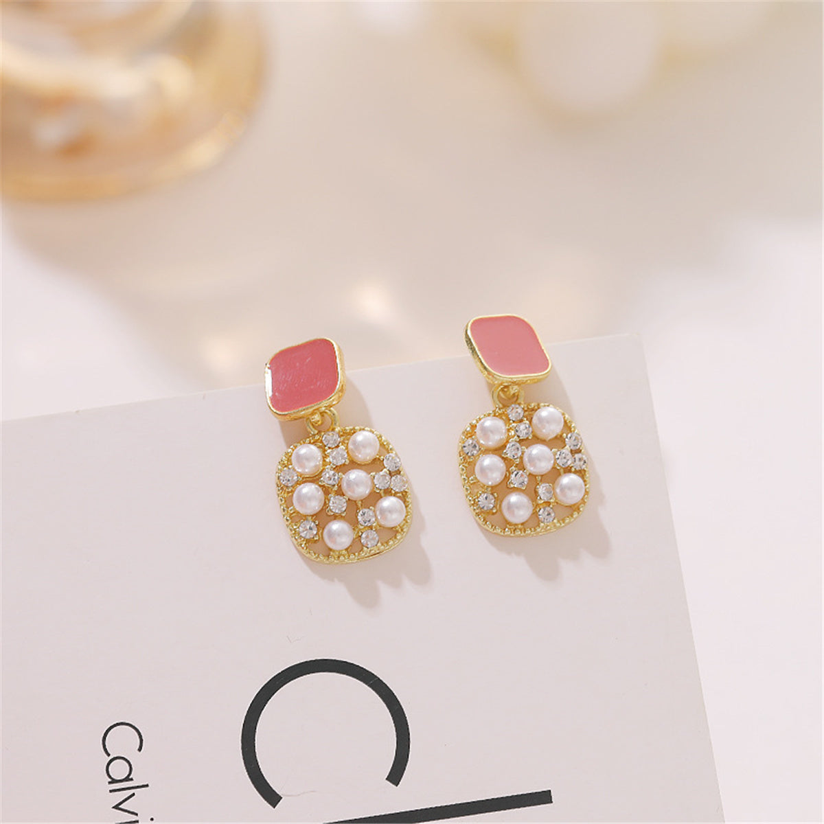Dark Red Enamel and Pearl Cubic Zirconia-Accent 18K Gold-Plated Square Drop Earrings, gold drop earrings for..., styled look