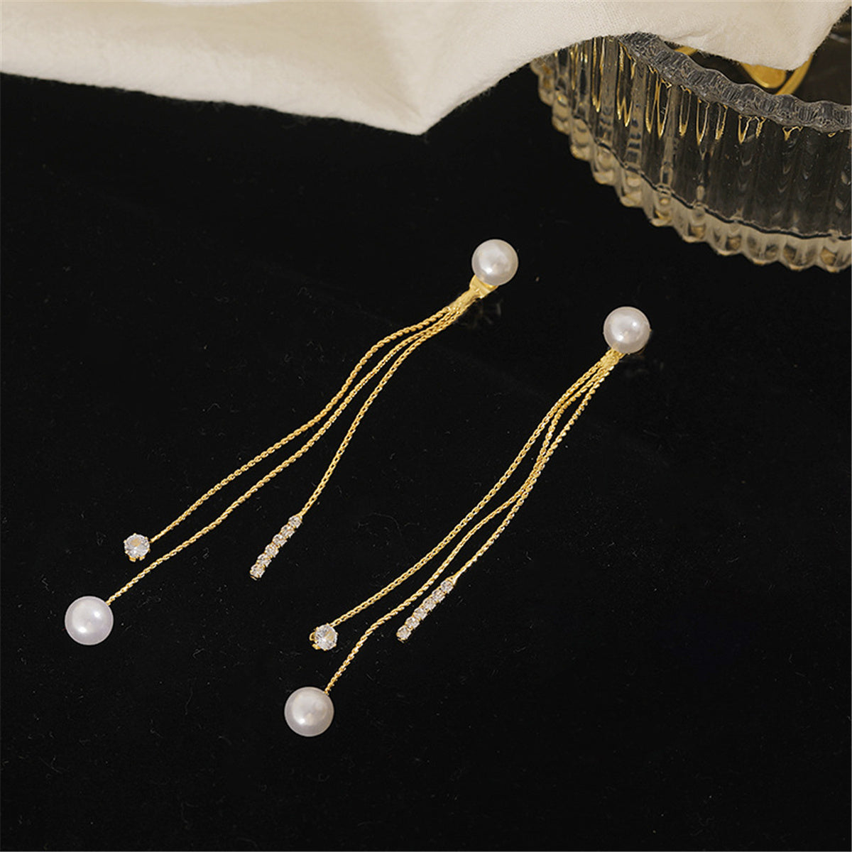 Pearl and Cubic Zirconia 18K Gold-Plated Beaded Tassel Ear Jackets, gold drop earrings for women, lifestyle look