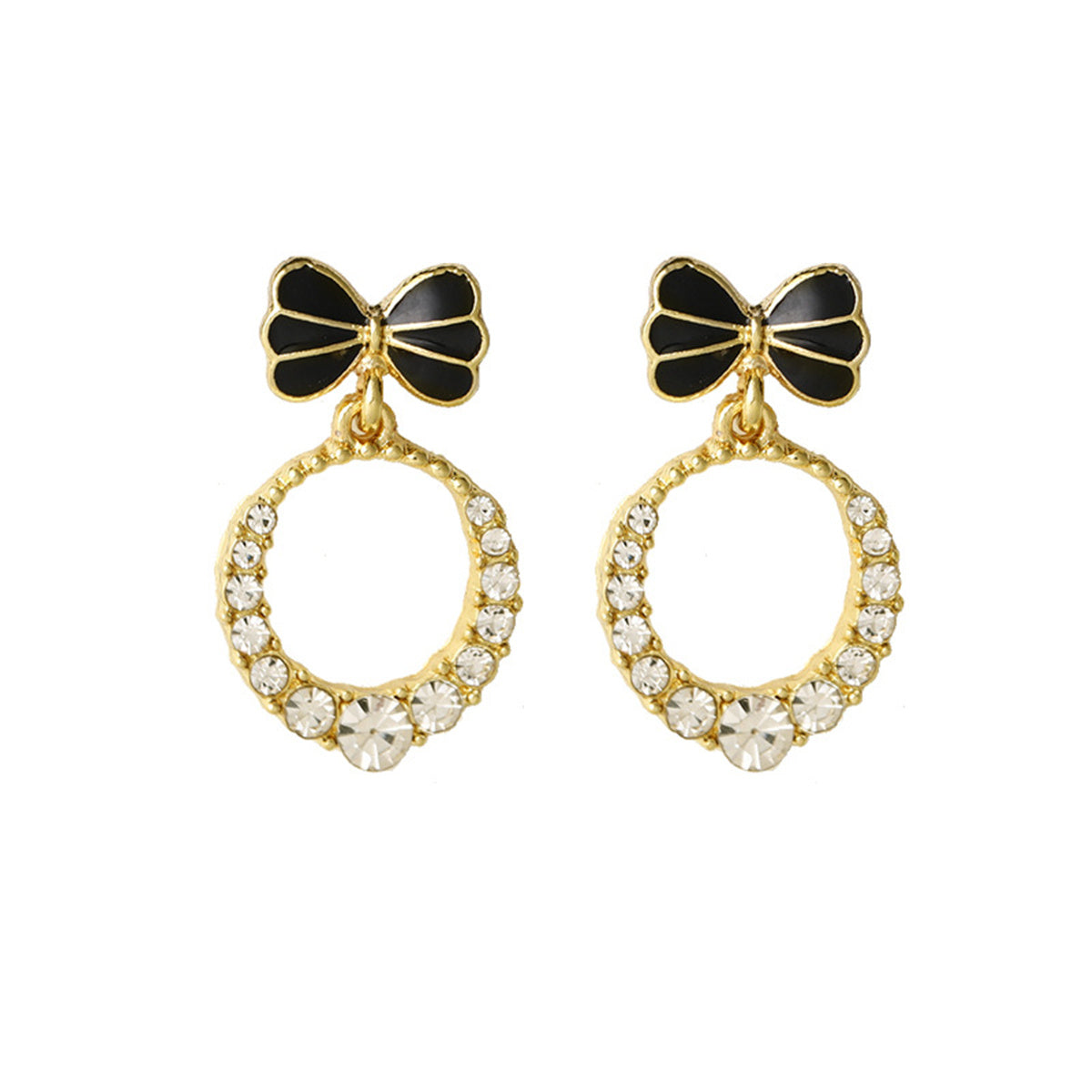 Cubic Zirconia and Black Enamel 18K Gold-Plated Bow-Accent Open Oval Drop Earrings, gold drop earrings for women, styled look
