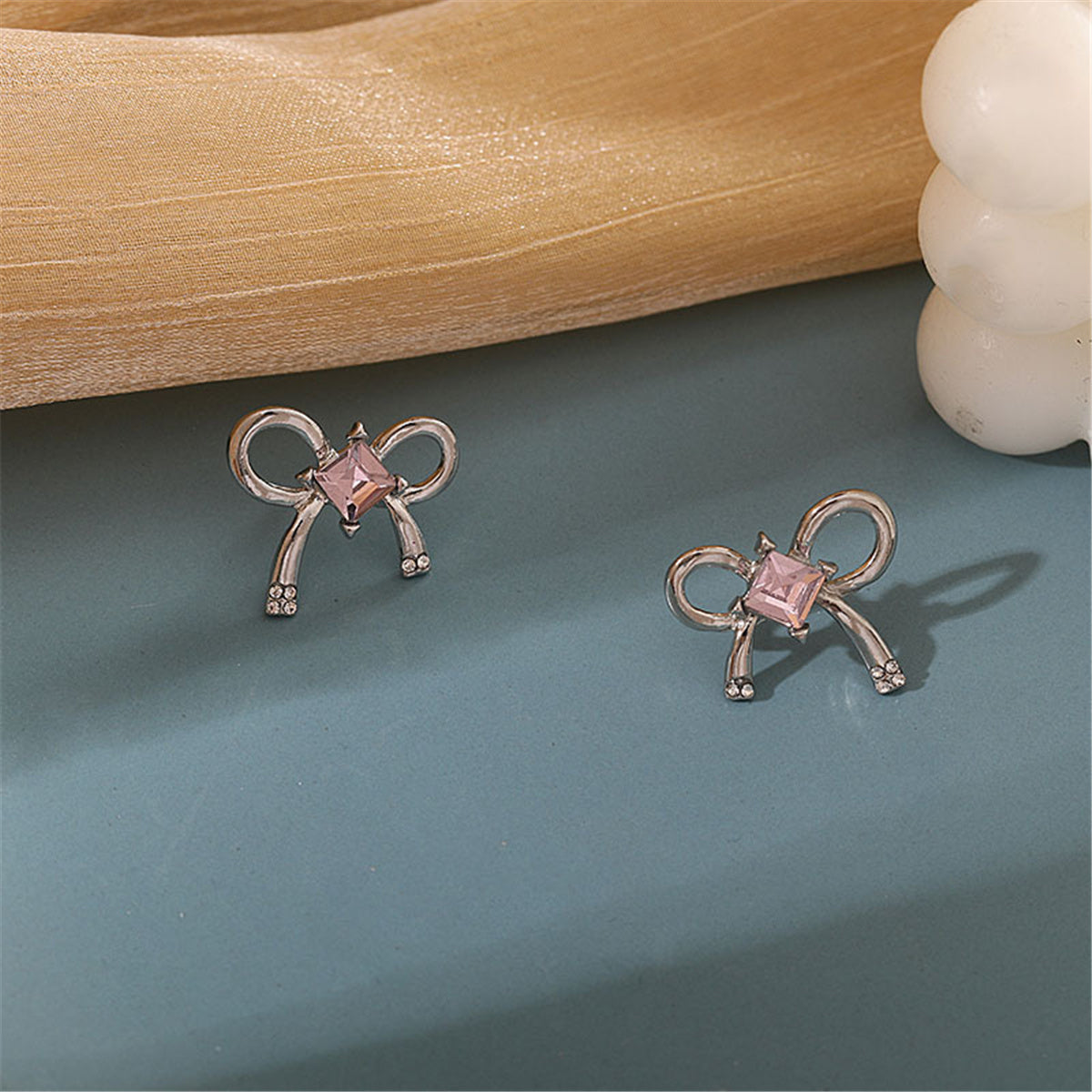Pink Crystal and Silve-Plated Bow Stud Earrings, stud earrings for women, everyday style, styled look