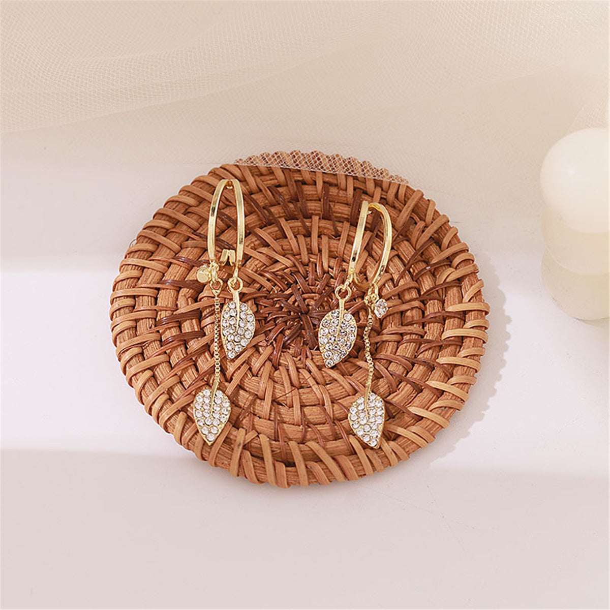 Cubic Zirconia and 18K Gold-Plated Leaves Huggie Earrings, gold huggie earrings, elegant gift for her, styled look