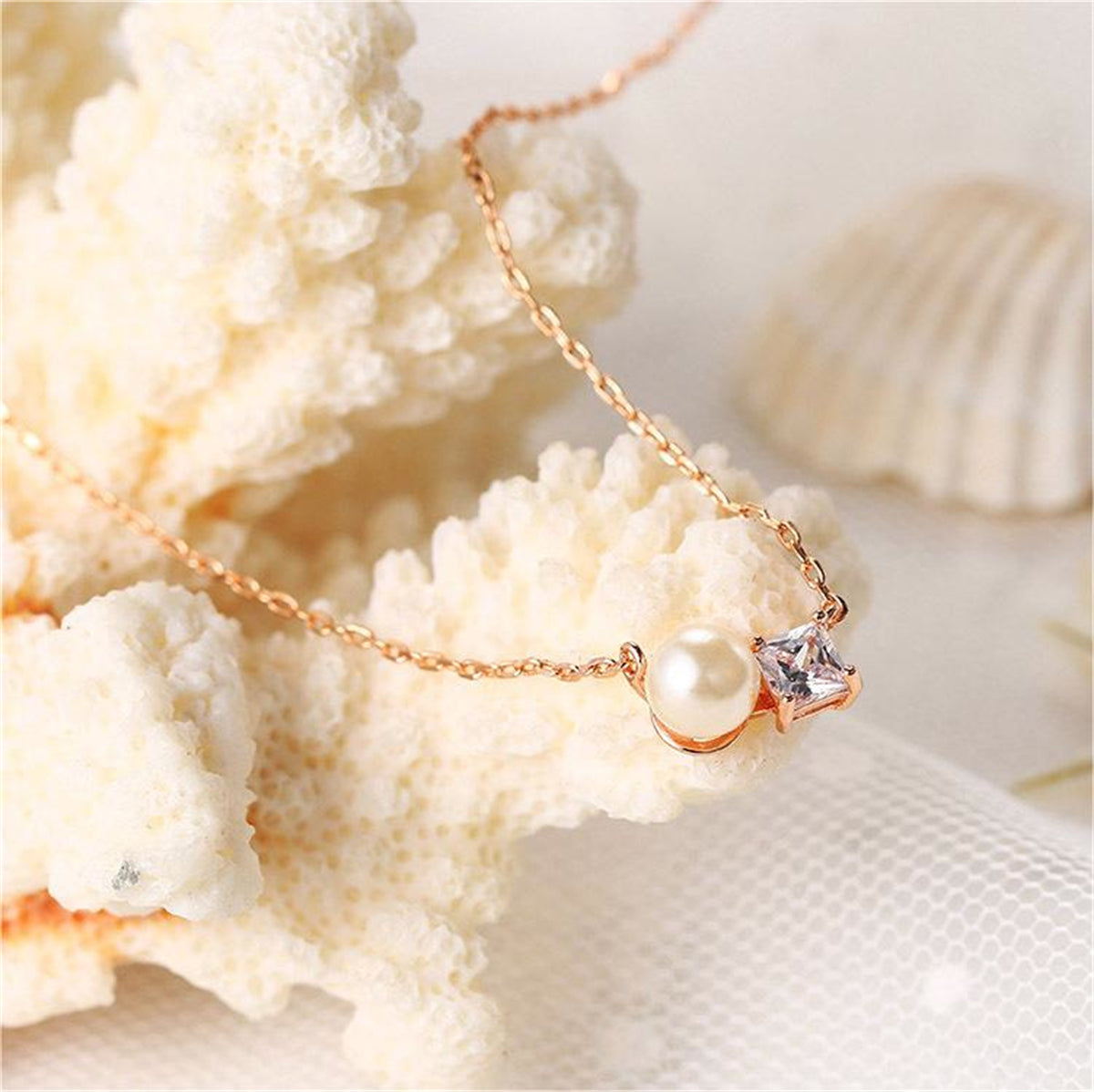 Crystal and Pearl 18K Rose Gold-Plated Pendant Necklace, rose gold pendant necklace for women, botanical inspired, side view