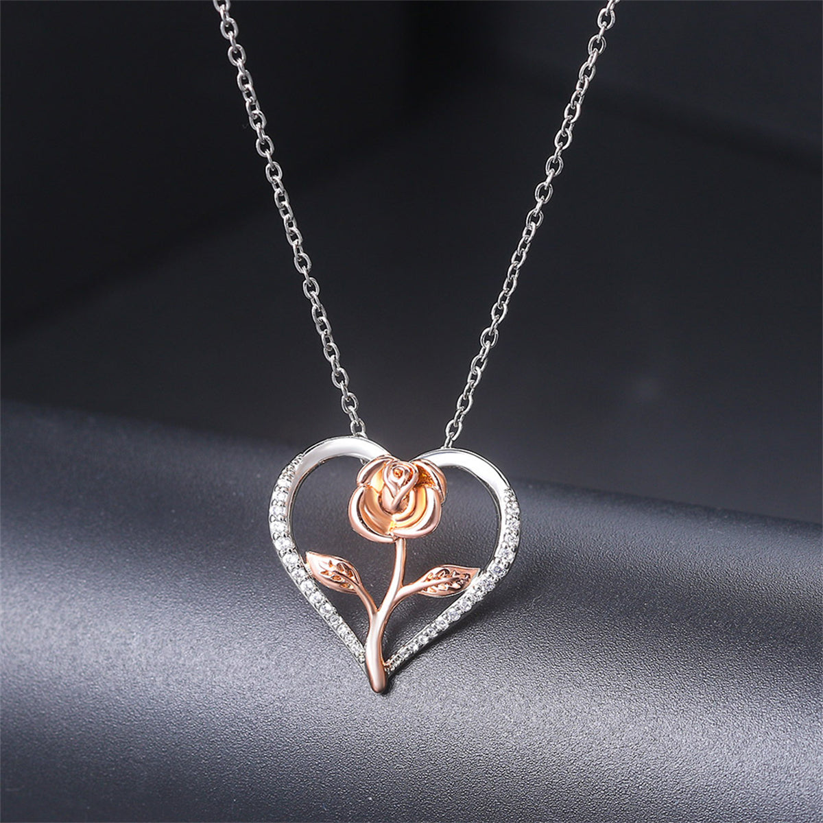 Cubic Zirconia and Two-Tone Rose Heart Pendant Necklace, pendant necklace for women, everyday style, detail close-up