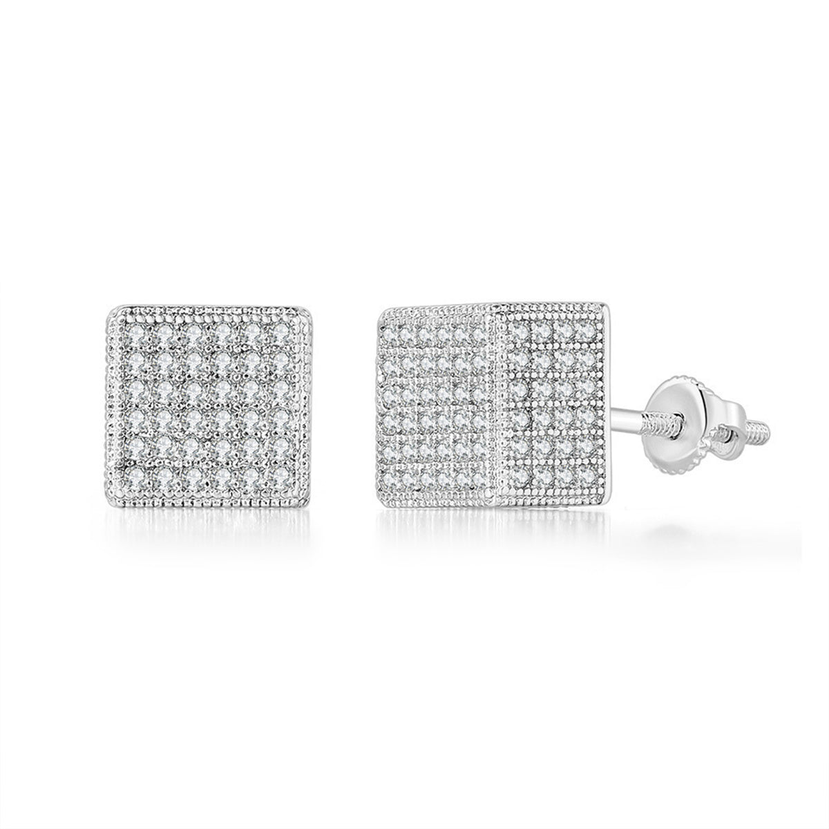 Cubic Zirconia and Silver-Plated Cube Stud Earrings, silver stud earrings for women, everyday style, front view