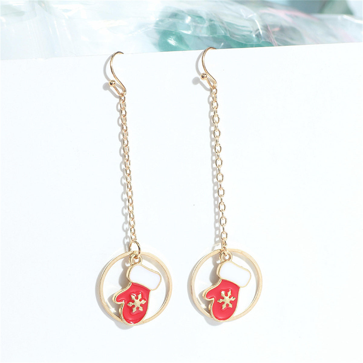 Red and White Enamel 18K Gold-Plated Mittens In Circle Drop Earrings, gold drop earrings for women, side view