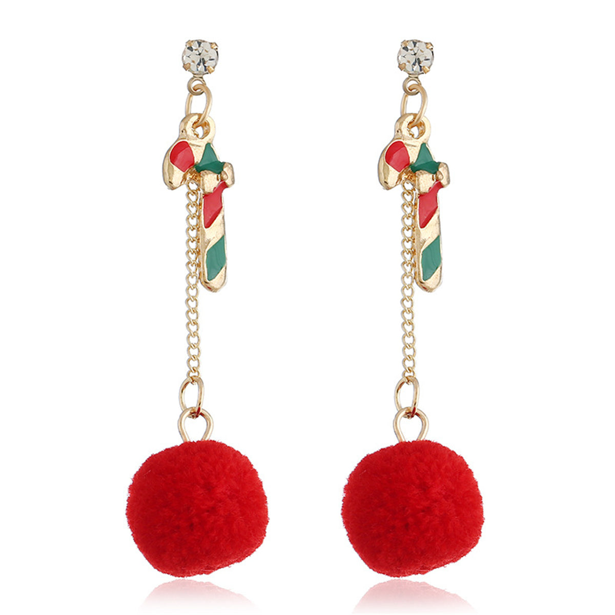 Cubic Zirconia and Red Candy Cane Pom-Pom Drop Earrings, drop earrings for women, vintage-inspired design, lifestyle look