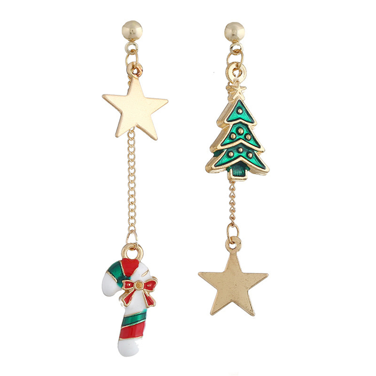 Green Enamel and 18K Gold-Plated Star Christmas Tree Candy Cane Mismatch Drop Earrings, gold drop..., lifestyle look