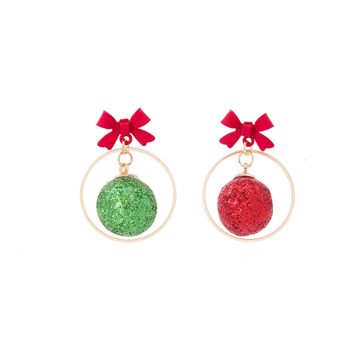 Red and Green Bow Ball Circle Mismatch Drop Earrings, drop earrings for women, dainty minimalist design, styled look