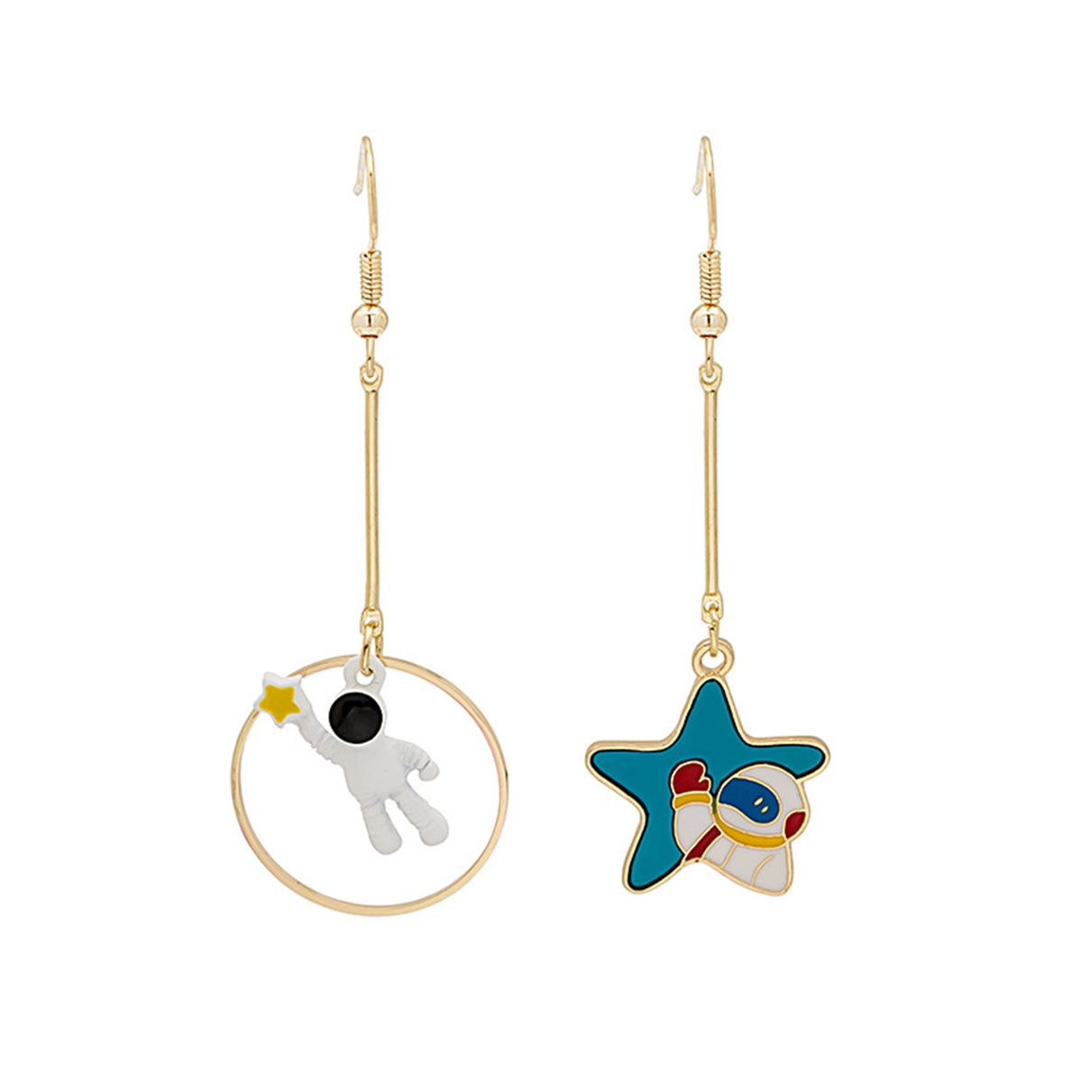 Blue Enamel and 18K Gold-Plated Star Astronaut Drop Earrings, gold drop earrings for women, detail close-up