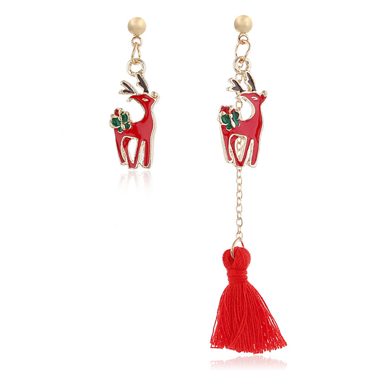 Red and Green Enamel 18K Gold-Plated Reindeer Single-Tassel Drop Earrings, gold drop earrings for women, front view