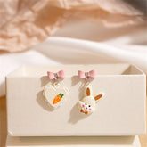 White Enamel & Cubic Zirconia Carrot Rabbit Asymmetric Drop Earrings