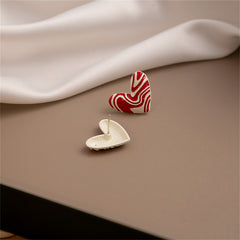 Red & Silver-Plated Heart Stud Earrings