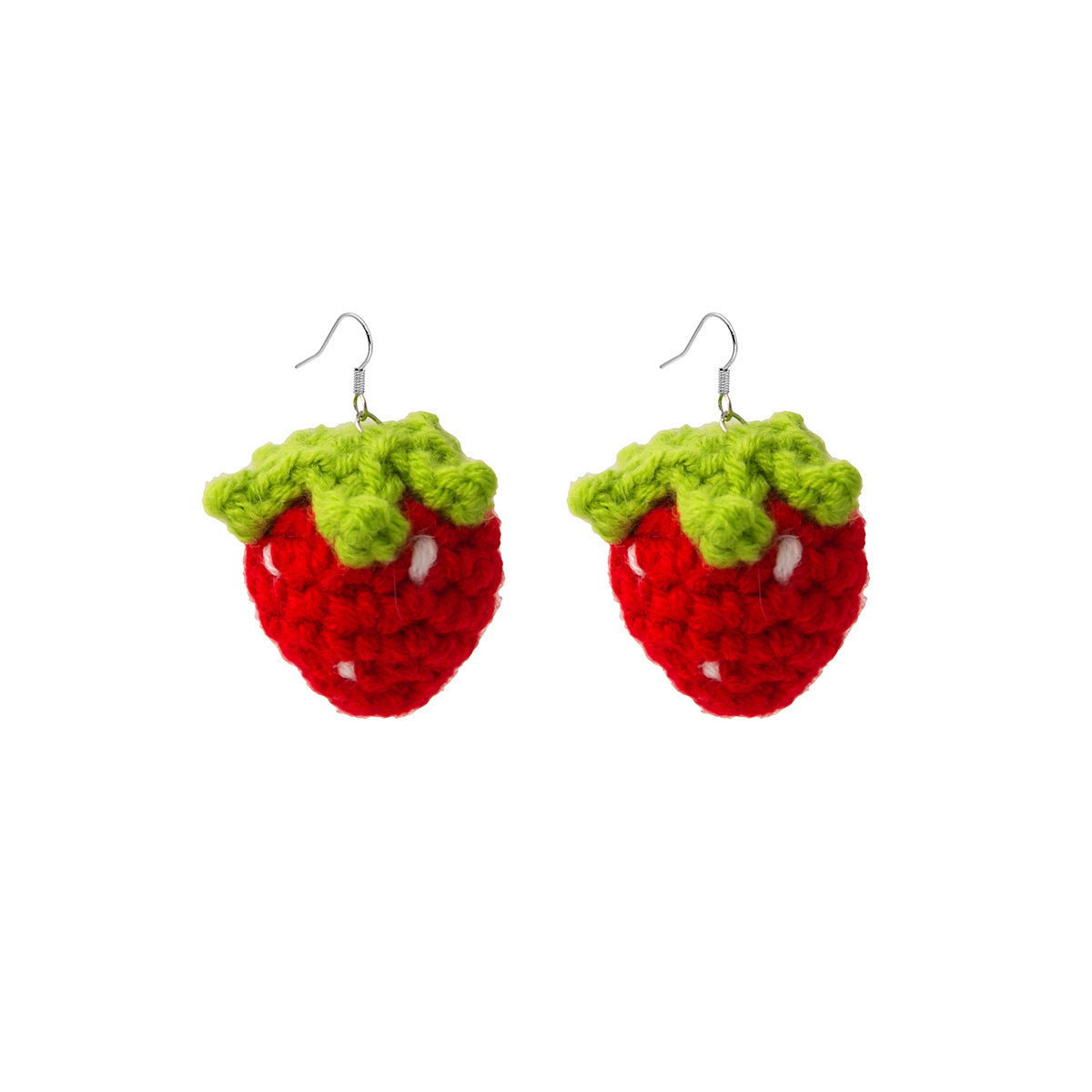 Red and Green Strawberry Knit Drop Earrings, drop earrings for women, botanical inspired, styled look