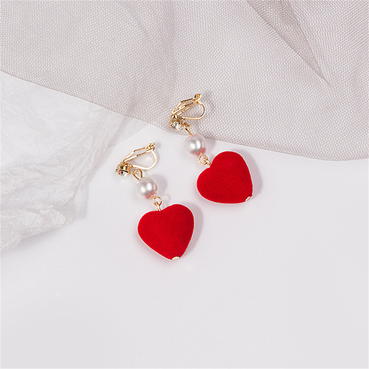 Red and Pearl Textured-Heart Drop Earrings, drop earrings for women, vintage-inspired design, front view