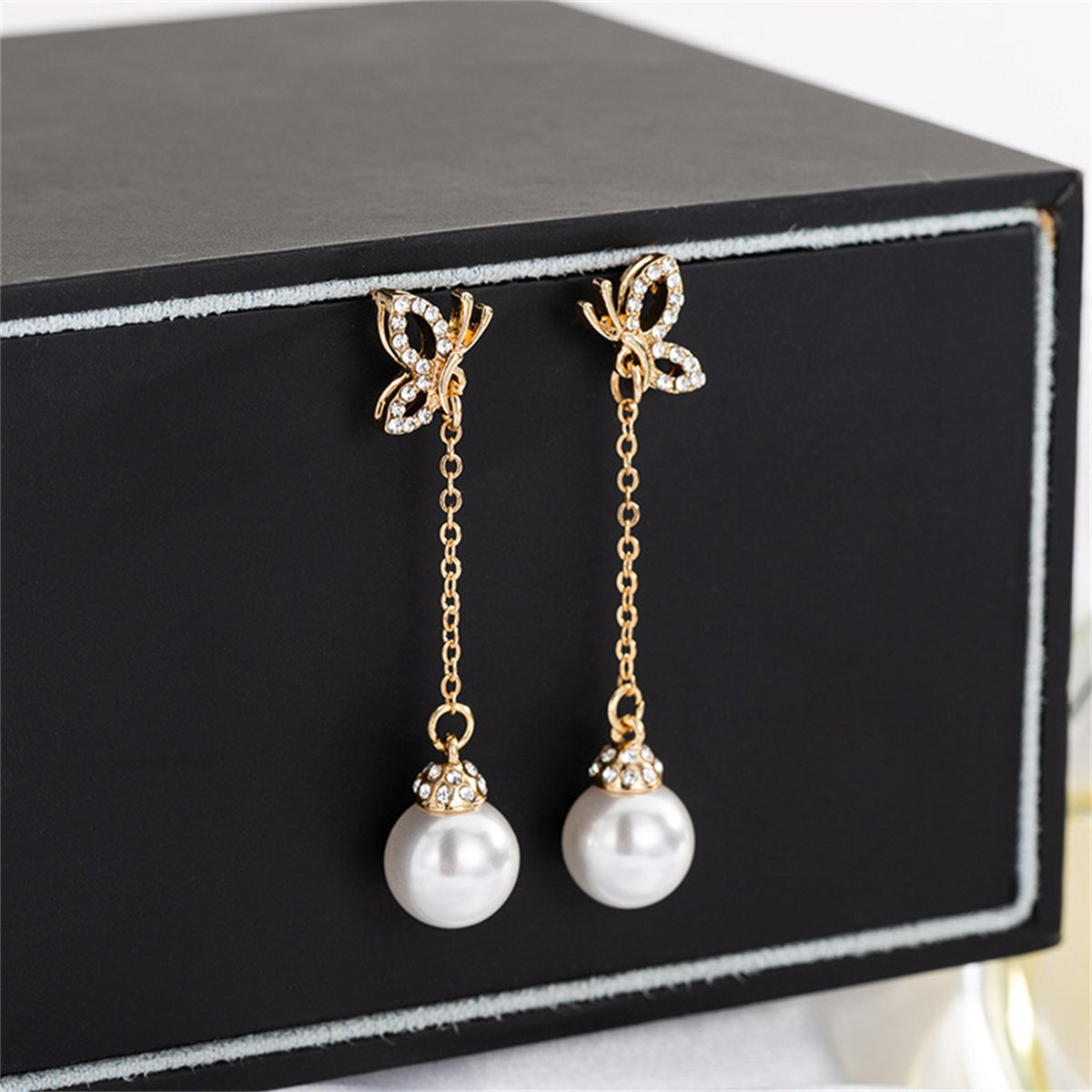 Pearl and Cubic Zirconia 18K Gold-Plated Butterfly Ball Drop Earrings, gold drop earrings for women, detail close-up