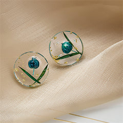 Purple & Silver-Plated Round Flower Stud Earrings