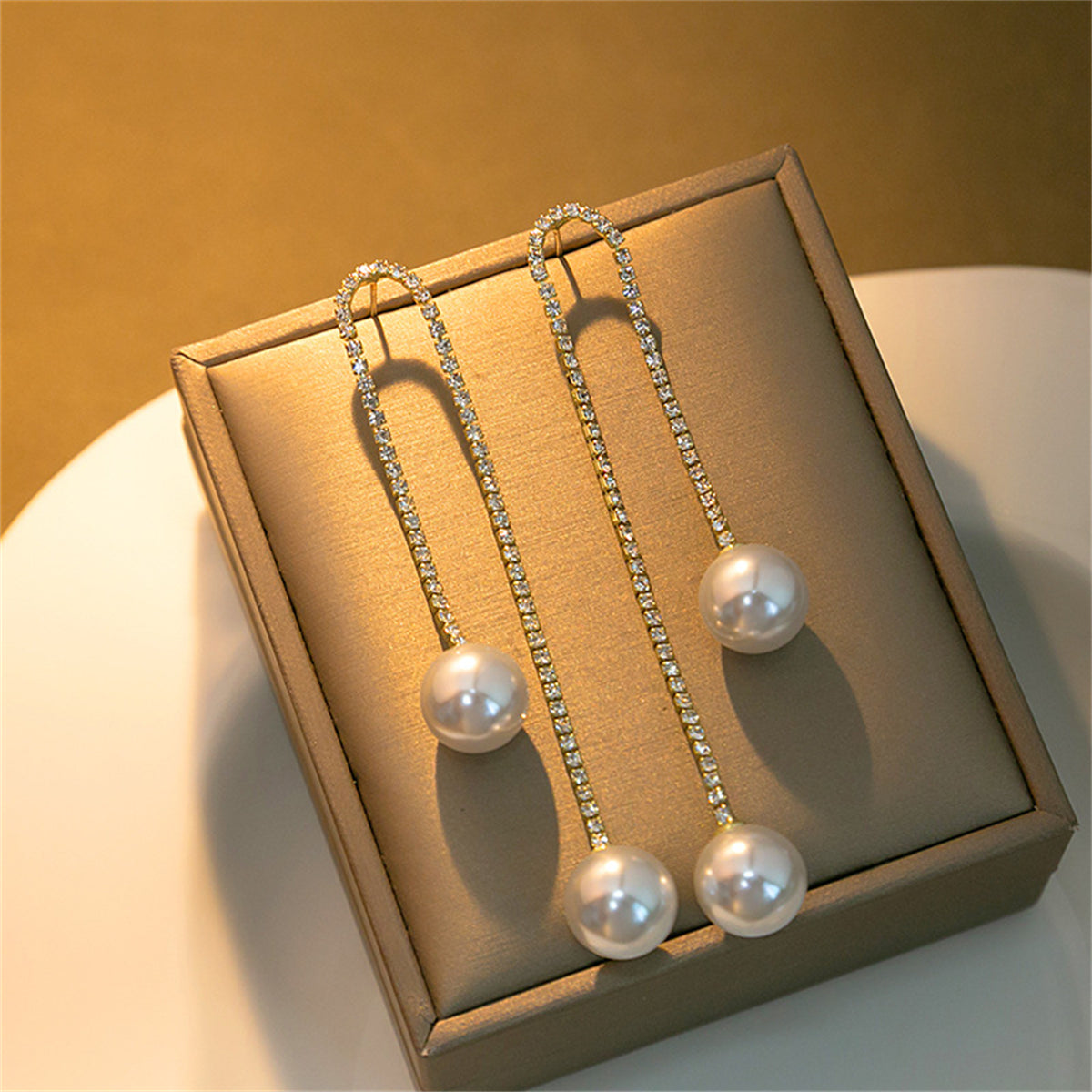 Pearl and Cubic Zirconia 18K Gold-Plated Double-Chain Drop Earrings, gold drop earrings for women, styled look