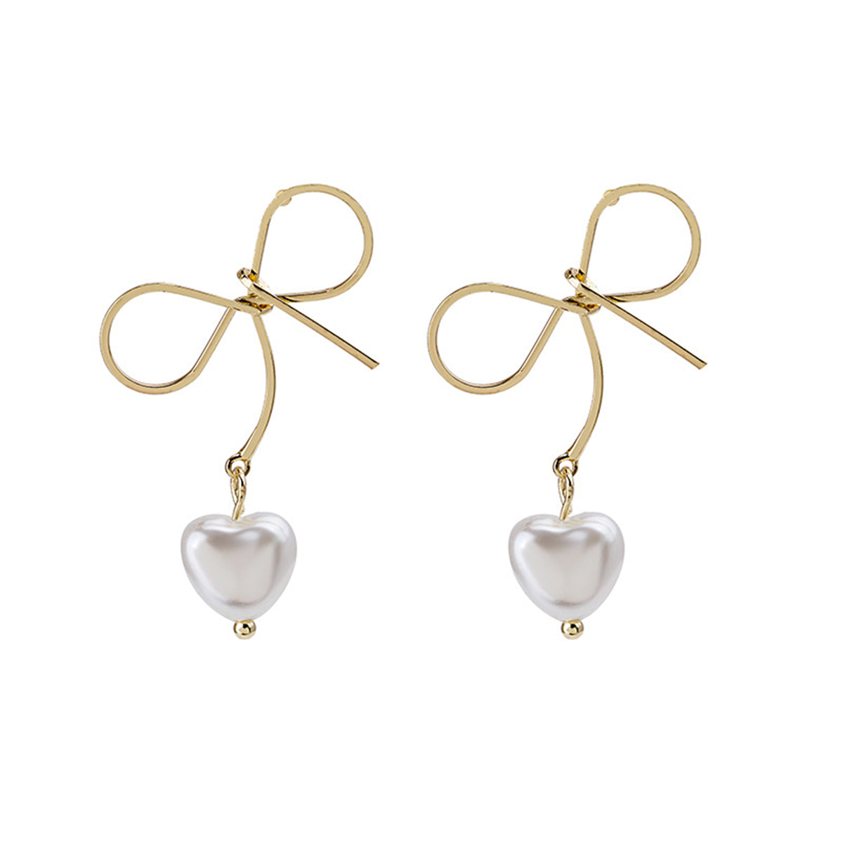 Pearl and 18K Gold-Plated Bow and Heart Drop Earrings, gold drop earrings for women, vintage-inspired design, styled look