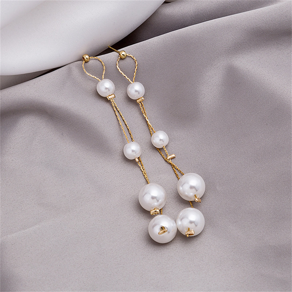 Pearl and 18K Gold-Plated Bead Tassel Drop Earrings, gold drop earrings for women, everyday style, detail close-up