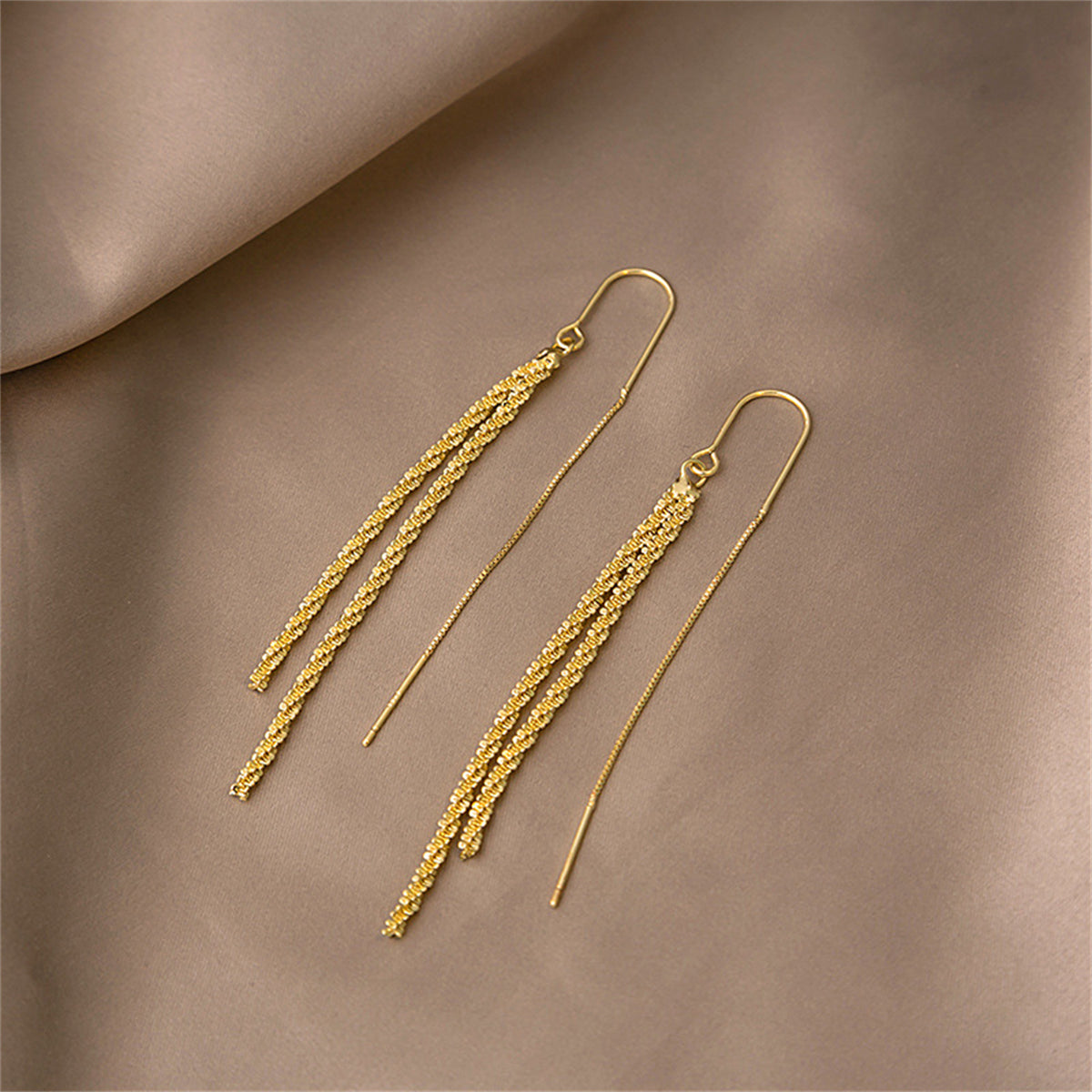 18K Gold-Plated Twine Ear Threaders, gold drop earrings for women, botanical inspired, detail close-up