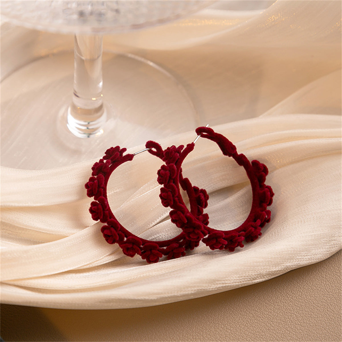 Red and Silver-Plated Rose Flocked Hoop Earrings, botanical inspired, lifestyle look