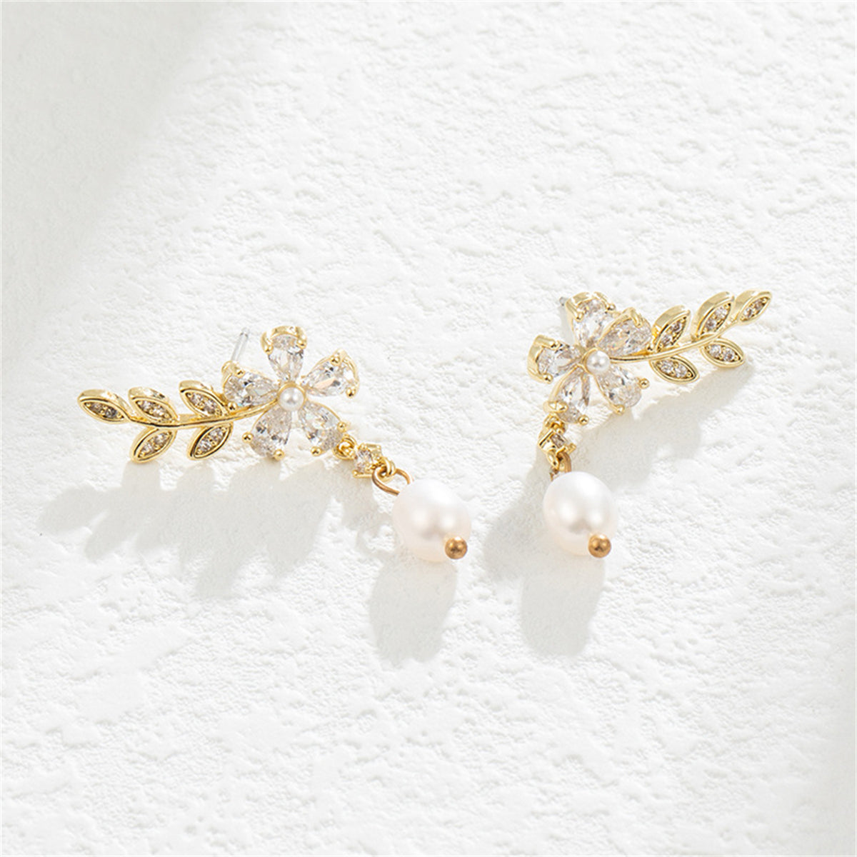 Crystal and Pearl 18K Gold-Plated Botanical Drop Earrings, gold drop earrings for women, lifestyle look