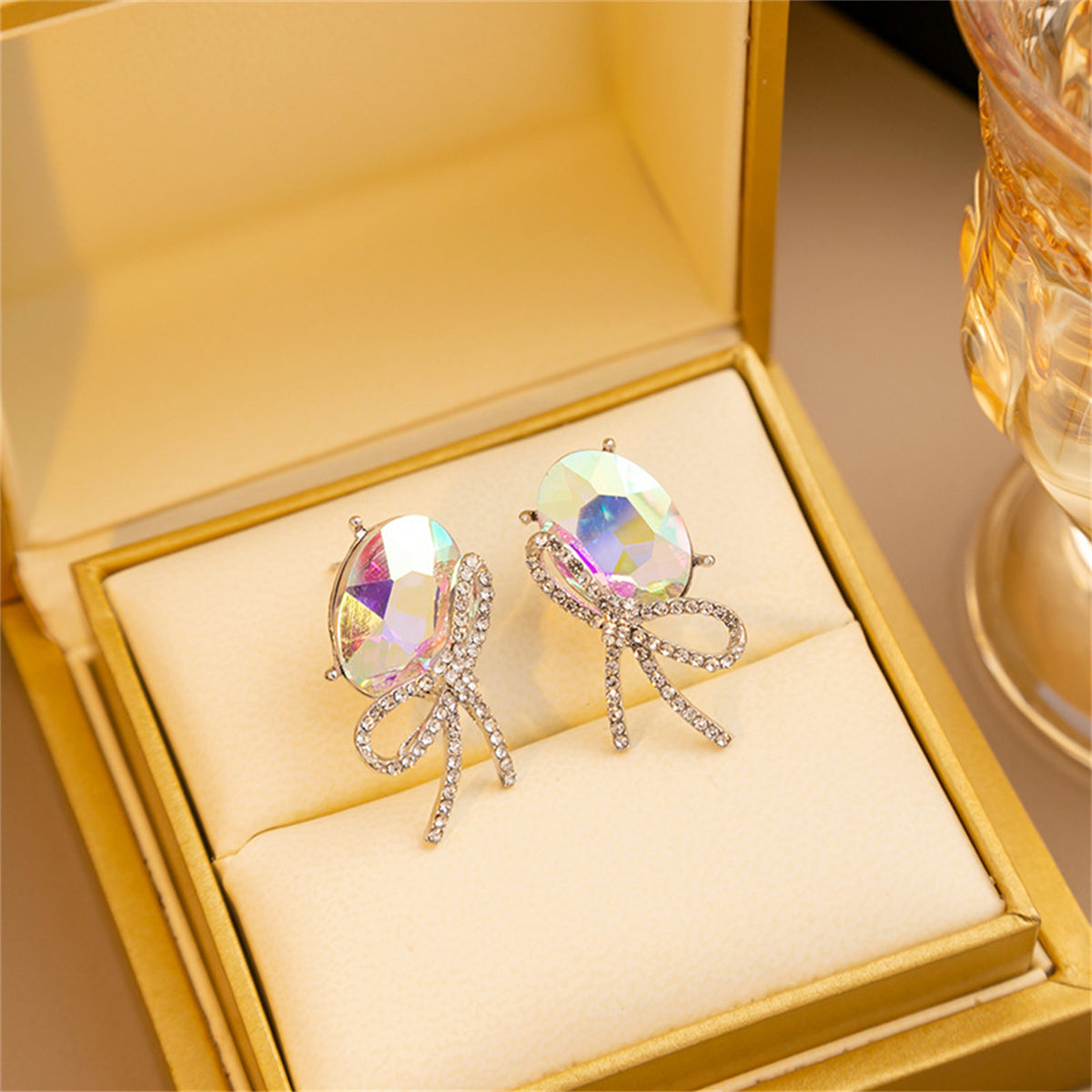 Cubic Zirconia and Oval Crystal Bow Stud Earrings, stud earrings for women, everyday style, lifestyle look