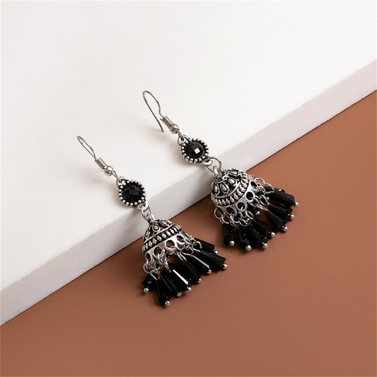 Black Acrylic and Silver-Plated Boho Tassel Drop Earrings, silver drop earrings for women, elegant gift for her, styled look