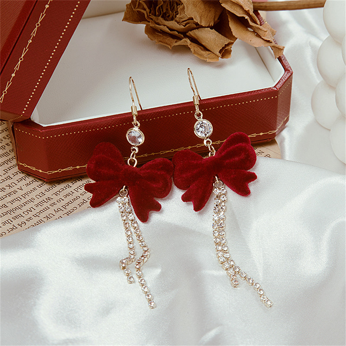 Red Nylon and Cubic Zirconia 18K Gold-Plated Bow Tassel Drop Earrings, gold drop earrings for women, side view