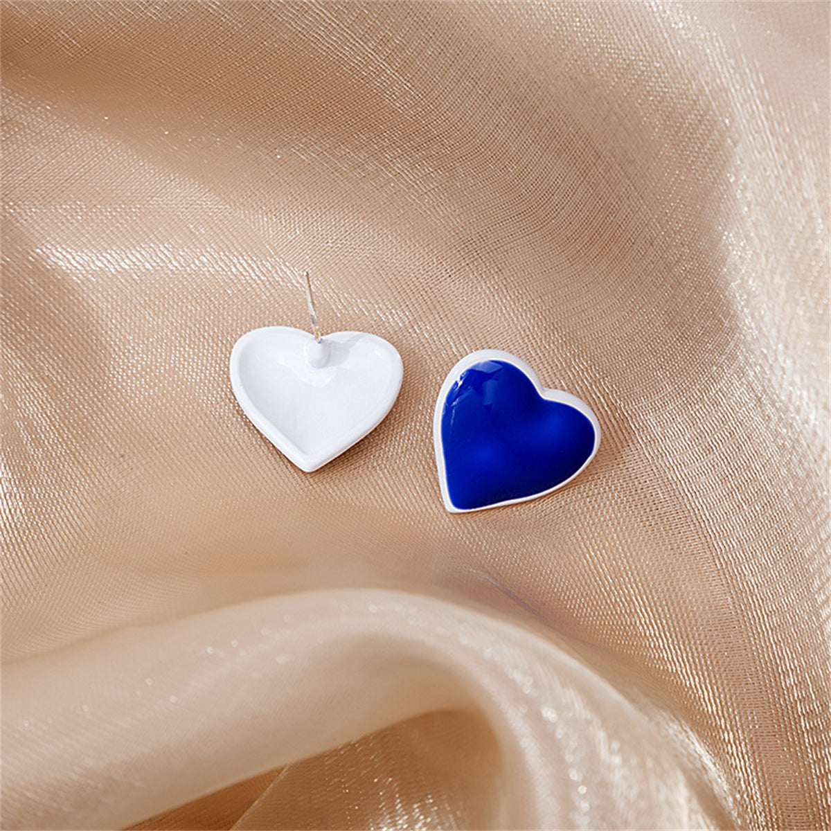 Blue Enamel and Silver-Plated Heart Stud Earrings, silver stud earrings for women, everyday style, detail close-up