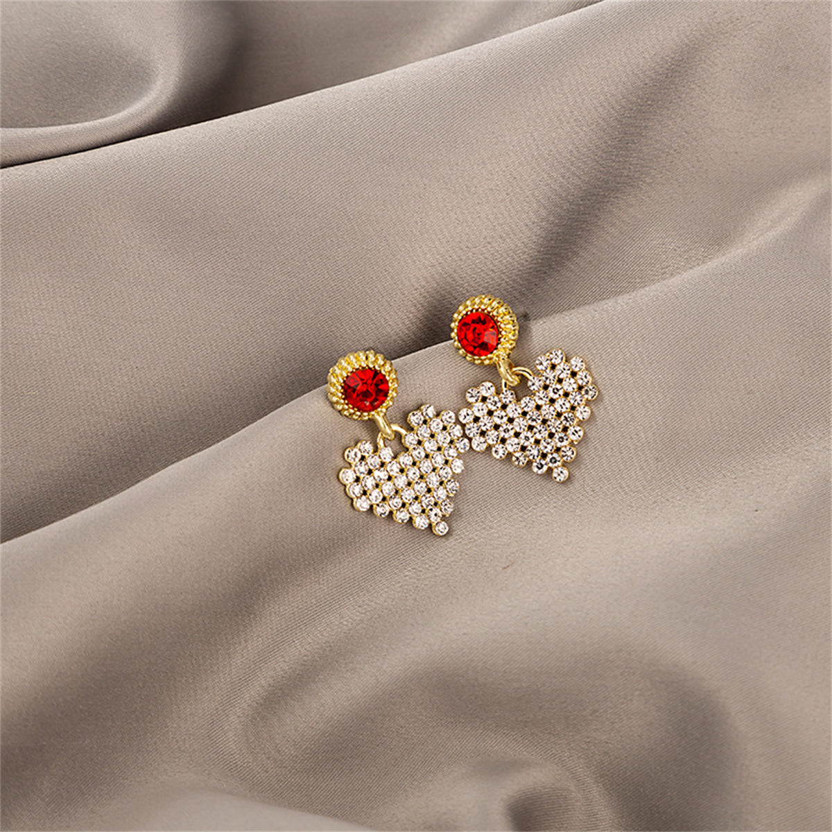 Red Cubic Zirconia and 18K Gold-Plated Heart Drop Earrings, gold drop earrings for women, botanical inspired, detail close-up