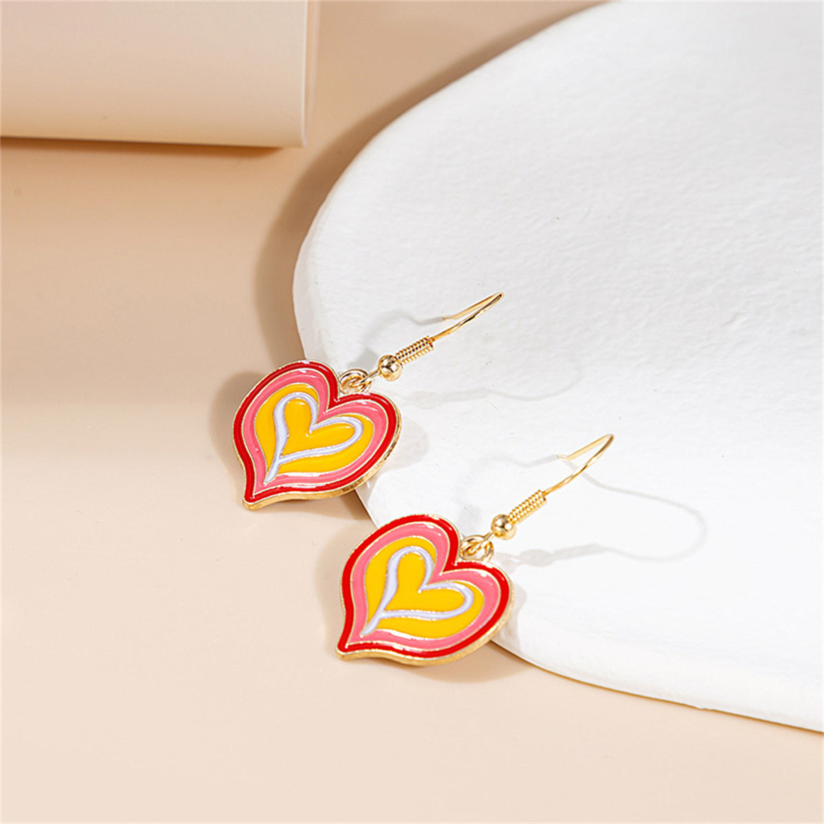 Yellow Enamel and 18K Gold-Plated Layered Heart Drop Earrings, gold drop earrings for women, detail close-up
