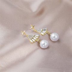 Cubic Zirconia & Pearl 18K Gold-Plated Holiday Tree Drop Earrings