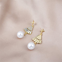 Cubic Zirconia & Pearl 18K Gold-Plated Holiday Tree Drop Earrings