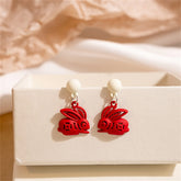 Red Enamel & Silver-Plated Abstract Rabbit Drop Earrings