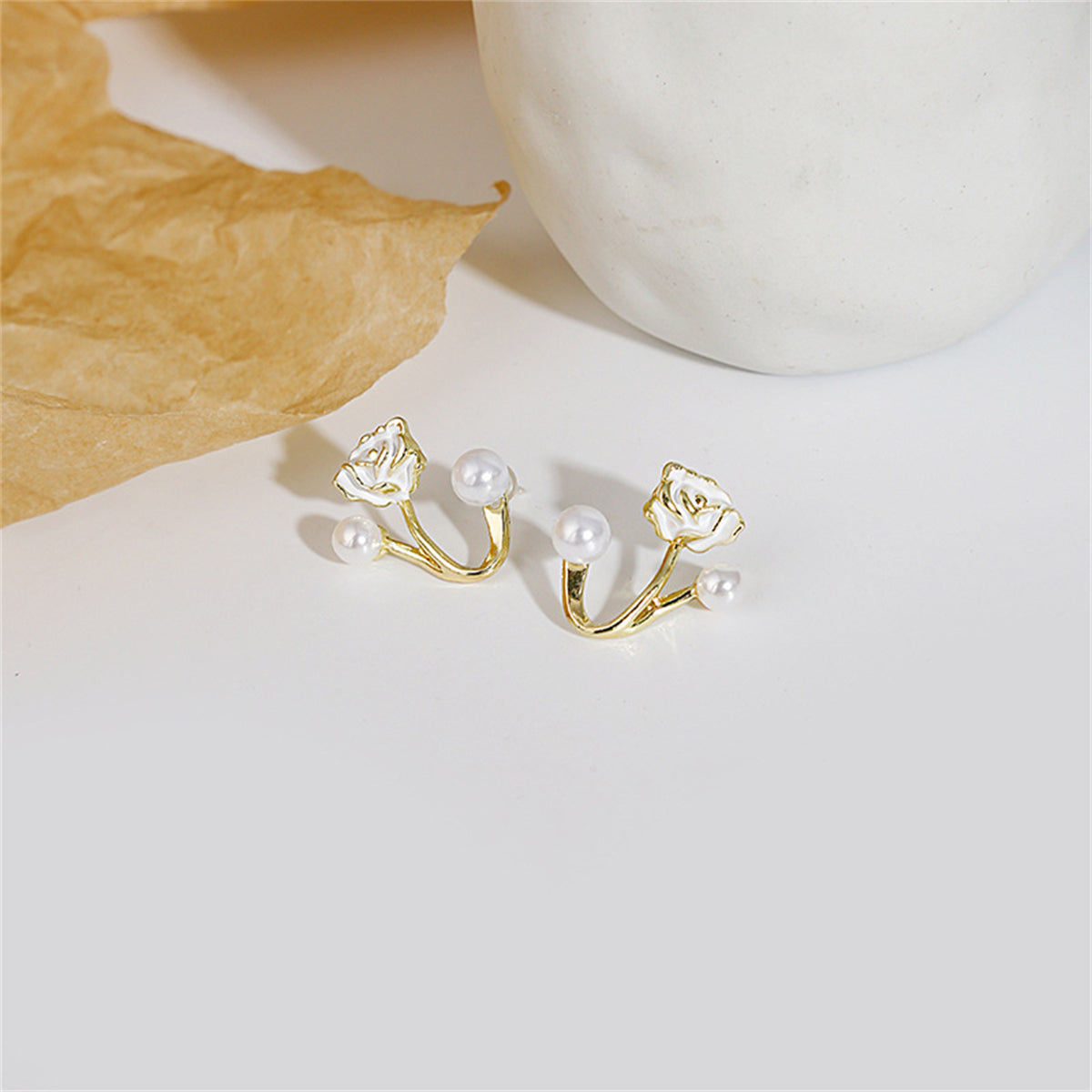 Pearl and White Enamel 18K Gold-Plated Rose Ear Jackets, gold stud earrings for women, vintage-inspired design, side view