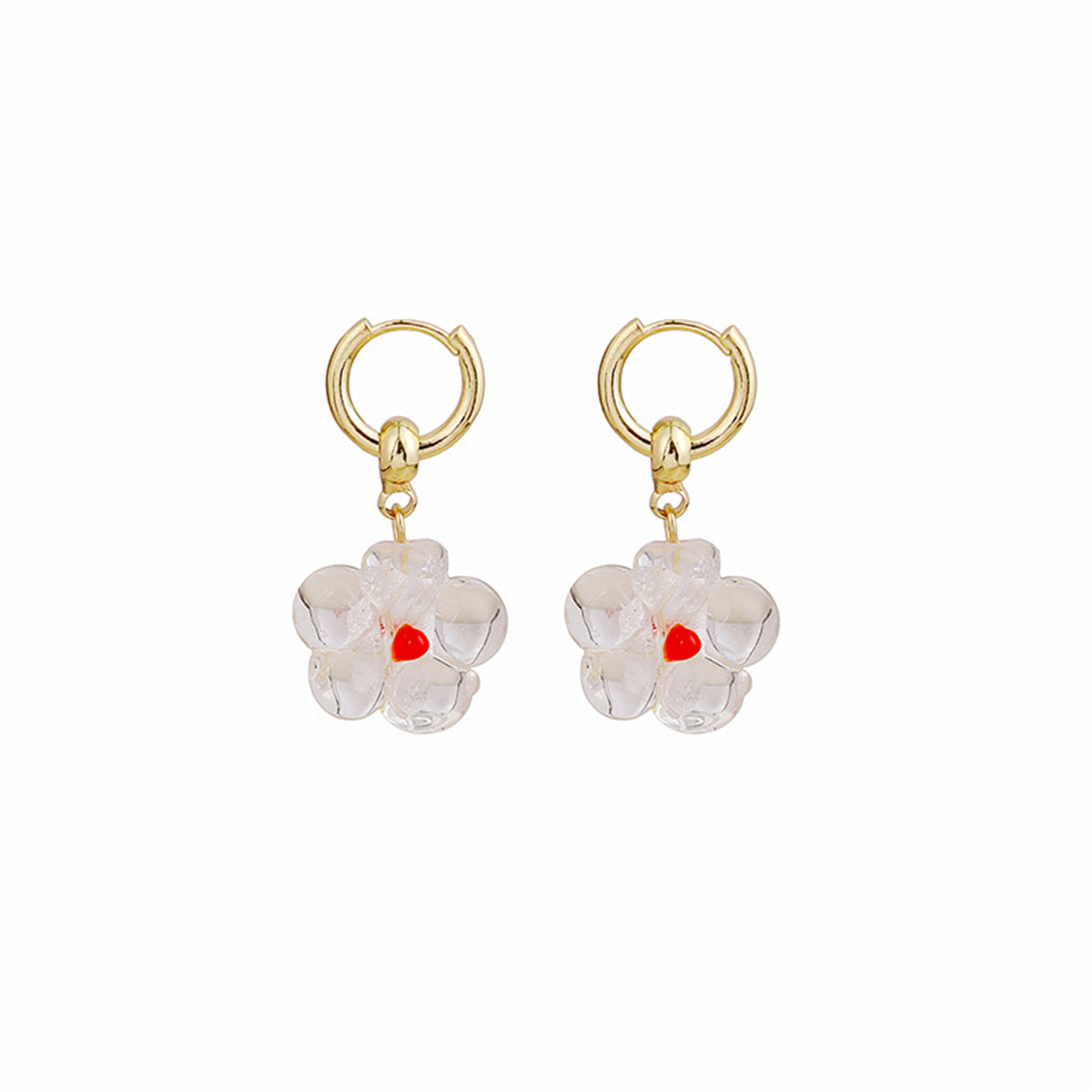 Clear Resin and 18K Gold-Plated Flower Huggie Earrings, gold huggie earrings, vintage-inspired design, styled look