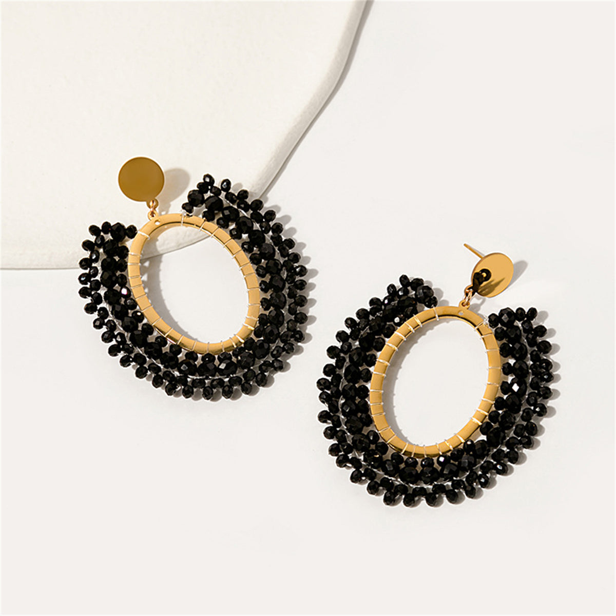 Black Acrylic and 18K Gold-Plated Bead-Detail Oval Drop Earrings, gold drop earrings for women, front view