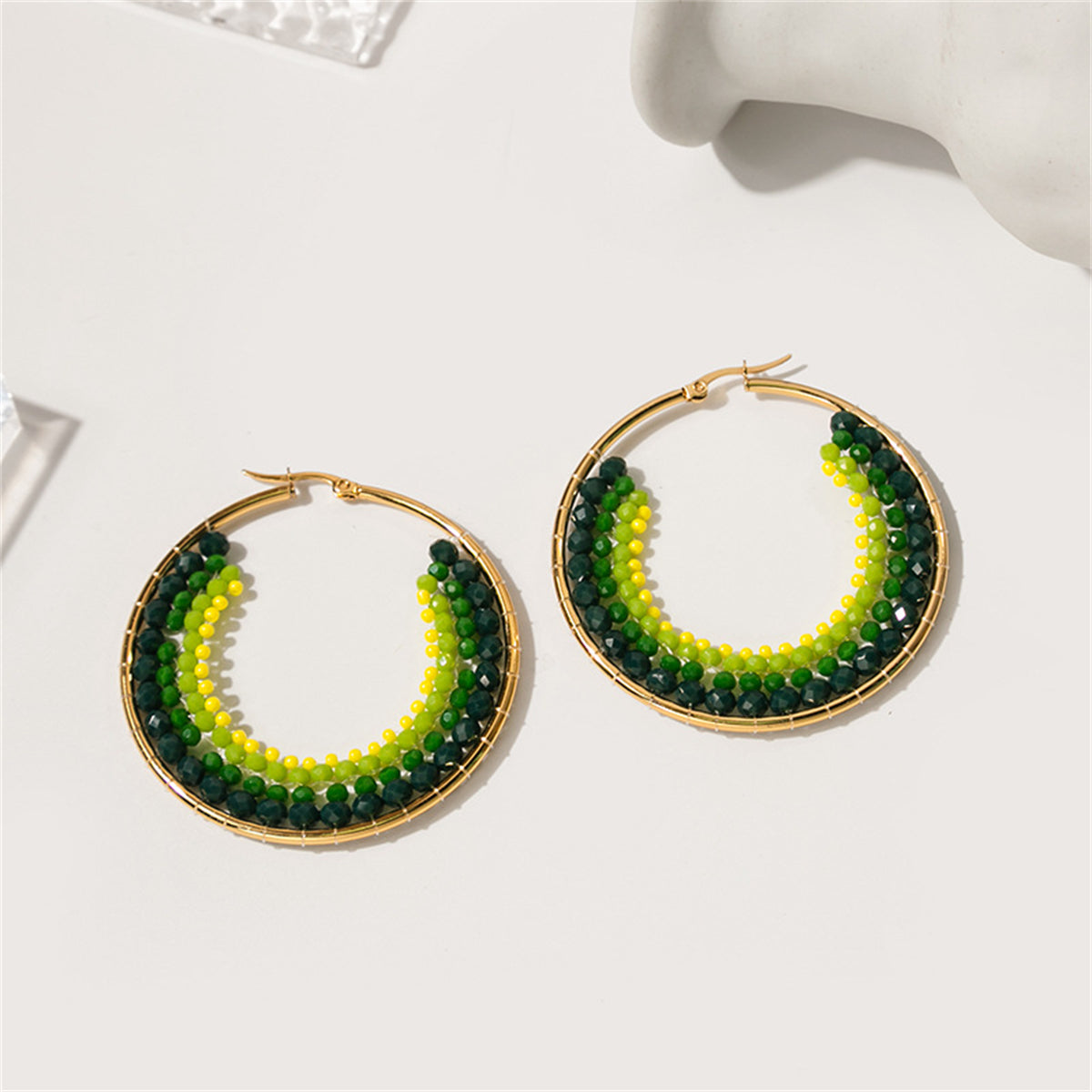 Yellow Acrylic and 18K Gold-Plated Beaded Hoop Earrings, vintage-inspired design, side view