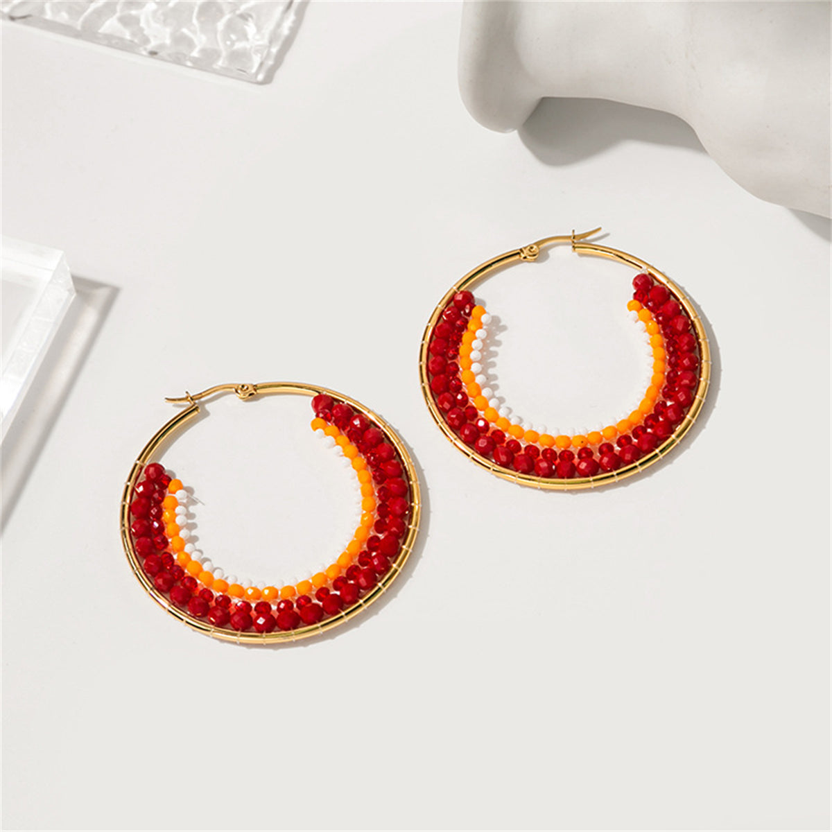White and Red Beaded Hoop Earrings, elegant gift for her, front view