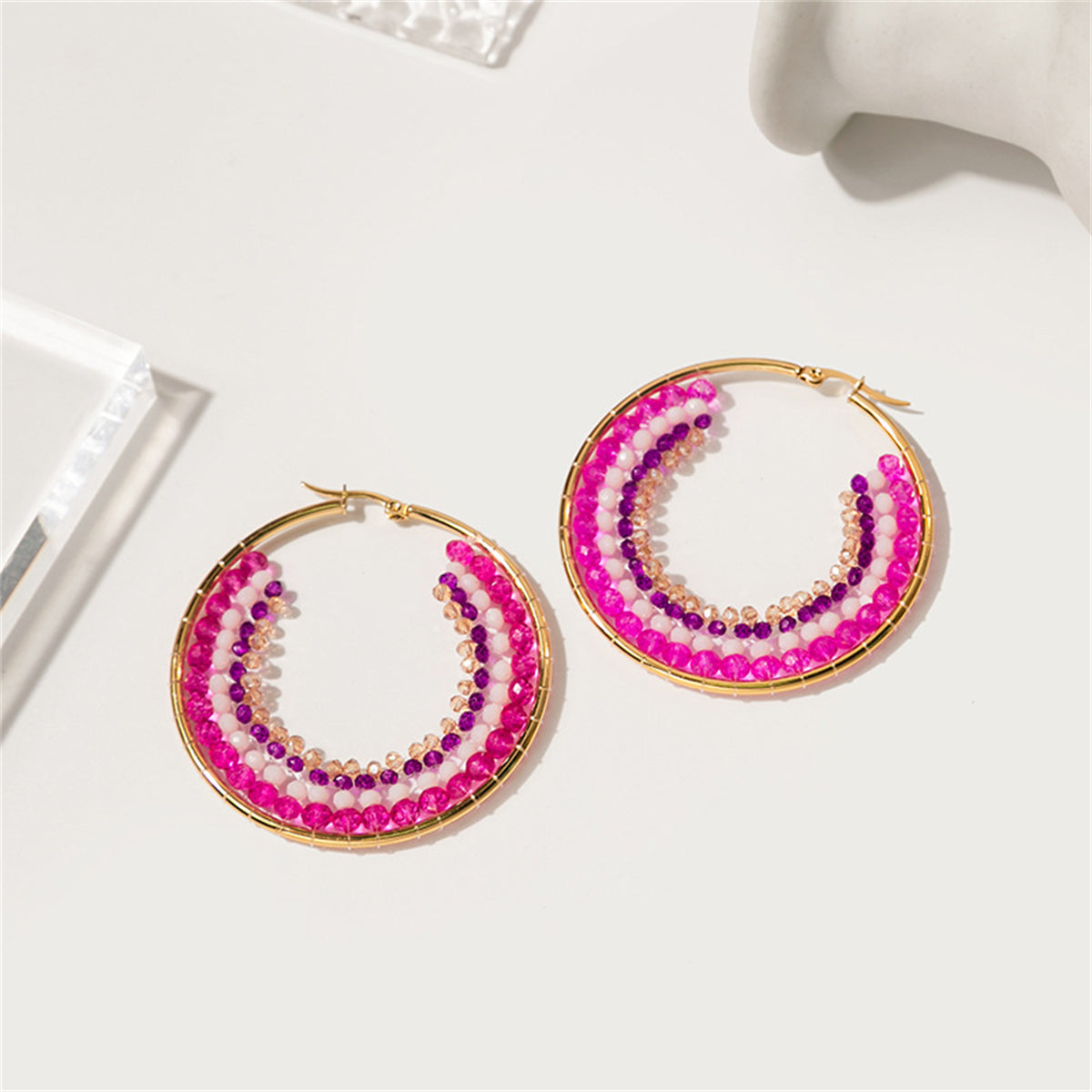 Purple and Rose Beaded Hoop Earrings, elegant gift for her, front view