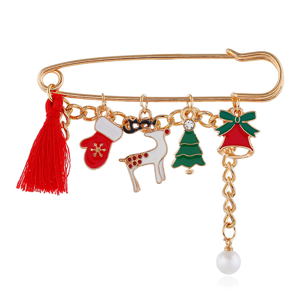 Cubic Zirconia and Pearl Polyster 18K Gold-Plated Reindeer Pin Brooch, gold brooch pin, dainty minimalist design, front view