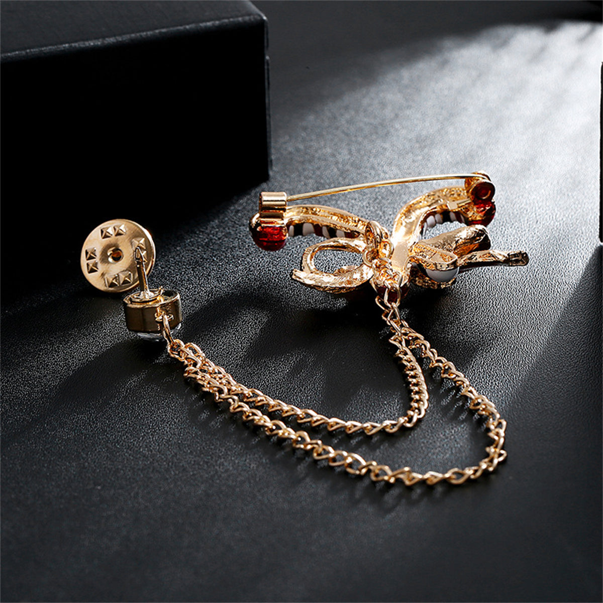 Cubic Zirconia and 18K Gold-Plated Candy Cane Chain Brooch, gold brooch pin, botanical inspired, lifestyle look