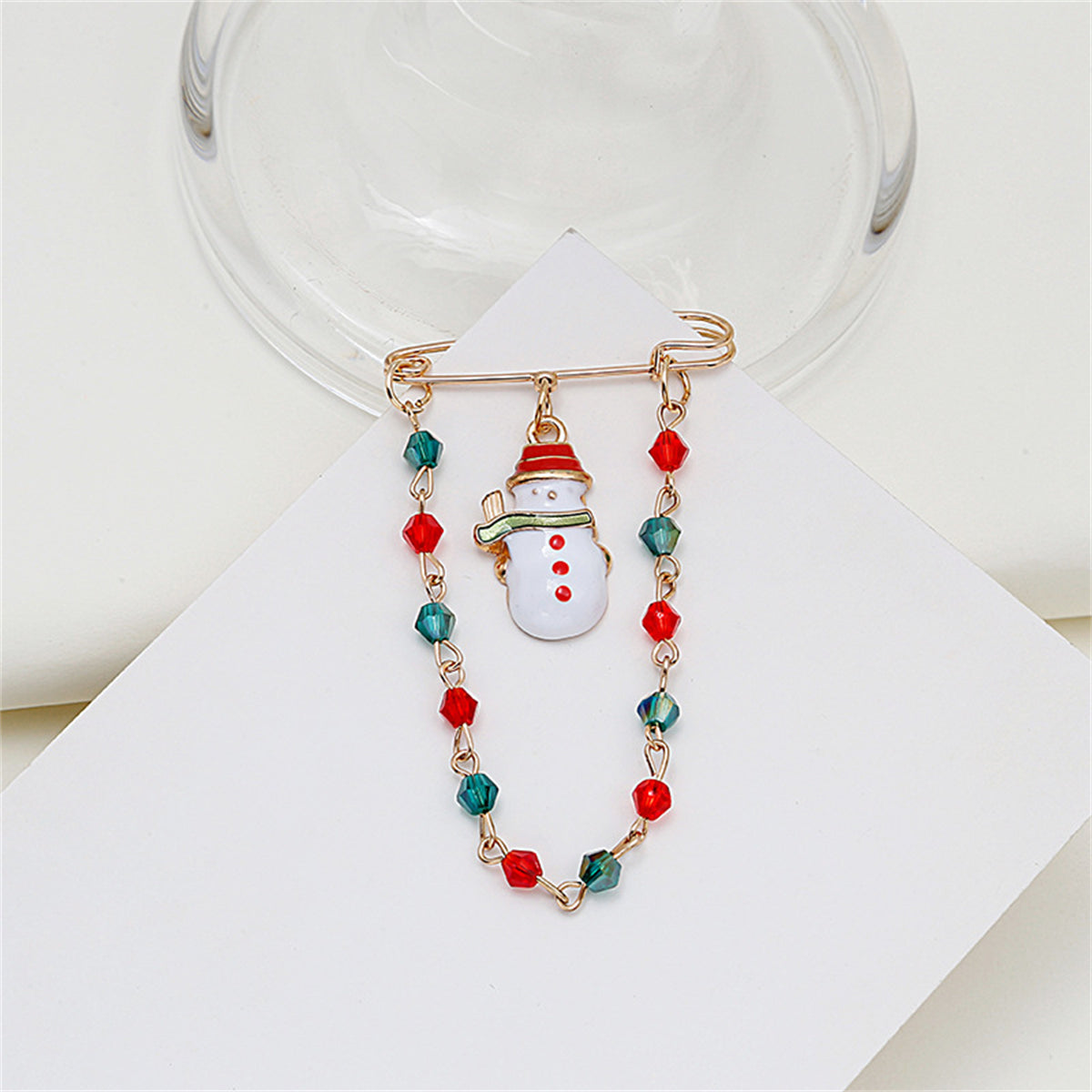 Red and Green Beaded-Chain Snowman Pin Brooch, brooch pin, dainty minimalist design, side view